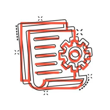 Document with gear icon in comic style. Big data processing cartoon vector il Stockillustratie