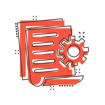 Document with gear icon in comic style. Big data processing cartoon vector il Stock Illustration