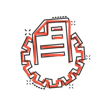 Document with gear icon in comic style. Big data processing cartoon vector il Stock Illustration