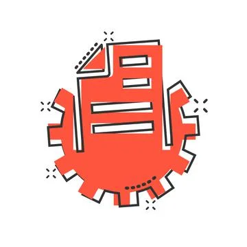 Document with gear icon in comic style. Big data processing cartoon vector il Stock Illustration