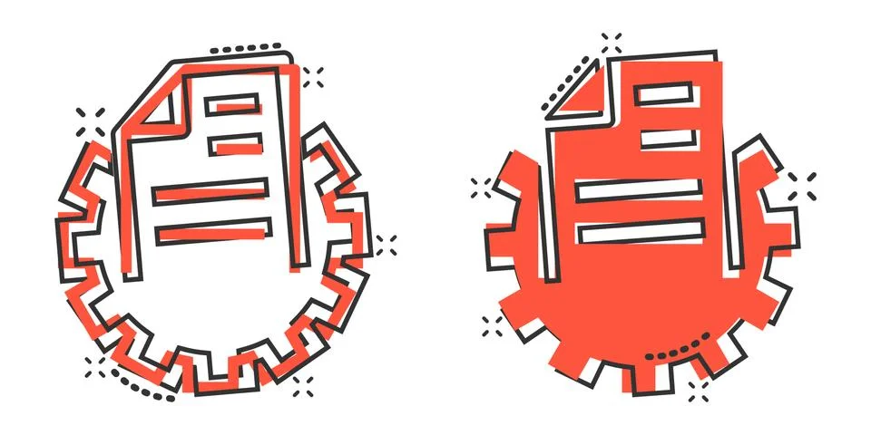 Document with gear icon in comic style. Big data processing cartoon vector il Stock Illustration