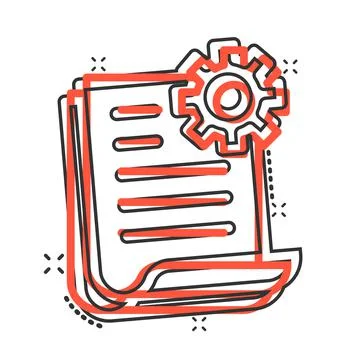 Document with gear icon in comic style. Big data processing cartoon vector il Stock Illustration