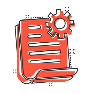 Document with gear icon in comic style. Big data processing cartoon vector il イラスト素材