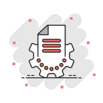 Document with gear icon in comic style. Big data processing cartoon vector il Stock Illustration