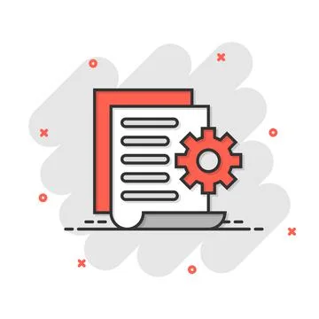 Document with gear icon in comic style. Big data processing cartoon vector il Illustrazione stock