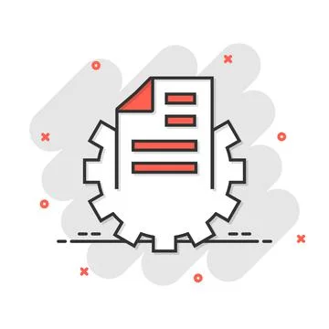 Document with gear icon in comic style. Big data processing cartoon vector il Stockillustratie