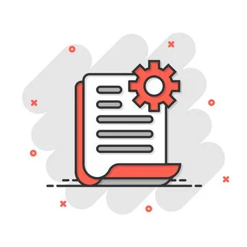 Document with gear icon in comic style. Big data processing cartoon vector il Stock Illustration