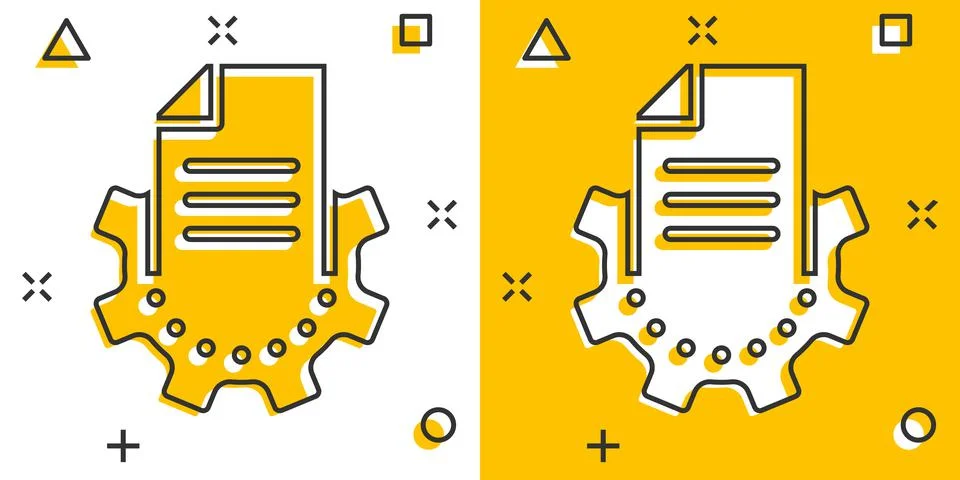 Document with gear icon in comic style. Big data processing cartoon vector il Stockillustratie