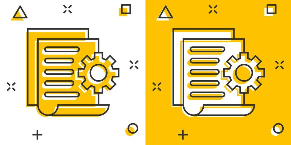 Document with gear icon in comic style. Big data processing cartoon vector il Stock Illustration