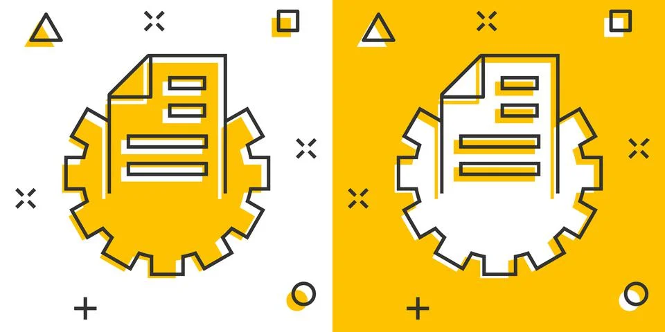 Document with gear icon in comic style. Big data processing cartoon vector il Stock Illustration