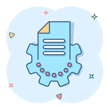Document with gear icon in comic style. Big data processing cartoon vector il Stockillustratie