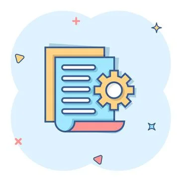 Document with gear icon in comic style. Big data processing cartoon vector il Stockillustratie