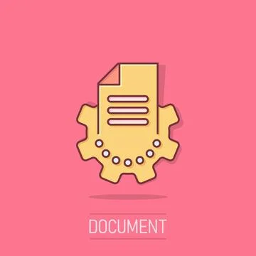 Document with gear icon in comic style. Big data processing cartoon vector .. Stock Illustration