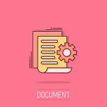 Document with gear icon in comic style. Big data processing cartoon vector .. Stock Illustration