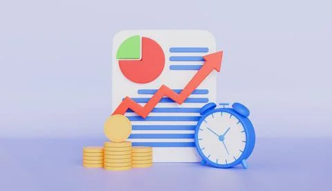 Document graph with arrow pointing up, stack of coins, alarm clock, financial Stock Illustration