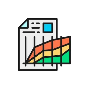 Document with graphs, progress, comparisons flat color icon. Illustrazione stock