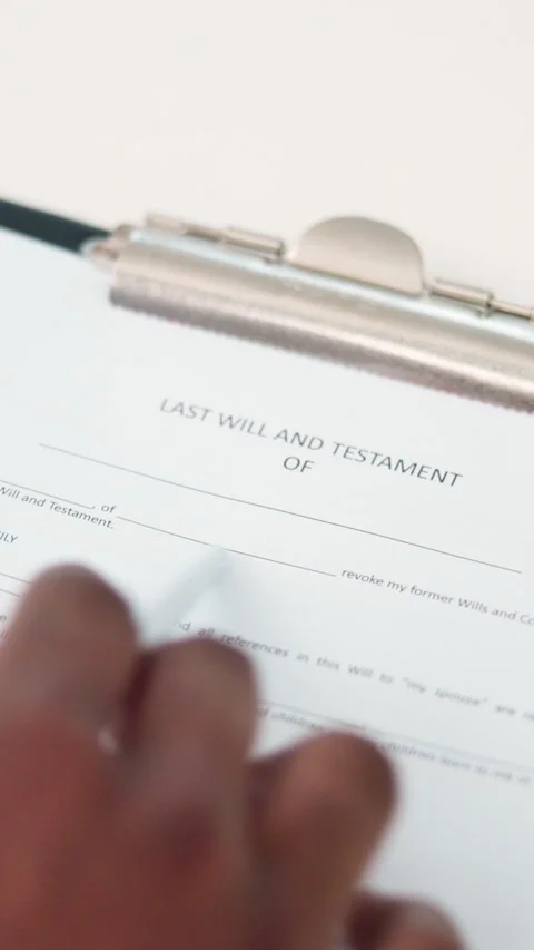 Document, hands and reading legal testament for last will, asset distribution Stock Footage 332969526