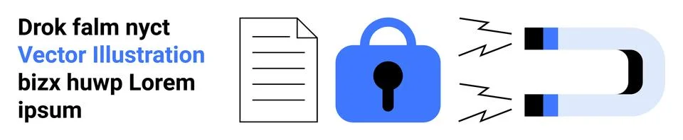 Document icon, blue lock symbol, and horseshoe magnet with black lines demons Stockillustratie