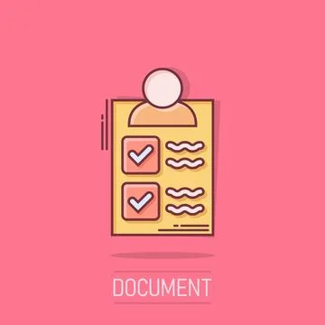 Document icon in comic style. Report cartoon vector illustration on isolate.. Stock Illustration