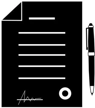 Document icon, contract with ballpoint pen, black silhouette. Stock Illustration