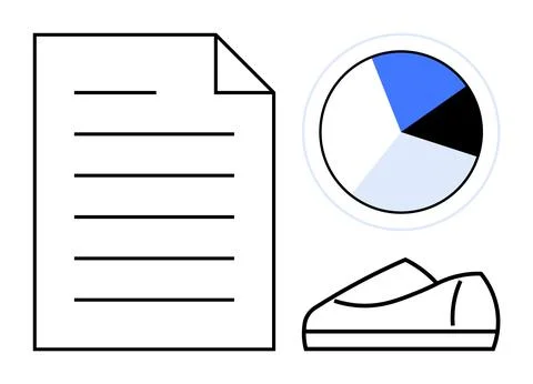 Document icon with lines, colored pie chart with blue, black, and white segme Illustrazione stock