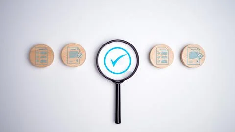 Document icon which print screen on wooden circle plank for prepare check a.. 스톡 사진