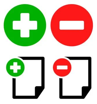 Document icons with add, remove buttons. Symbol set Illustrazione stock