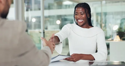 Document, interview and people in meeting with handshake, discussion and Stock Footage 318228745