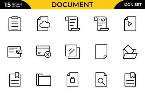 Document Line Icon Set. Contains such icons as File, Folder, Download, Arch.. Stock Illustration