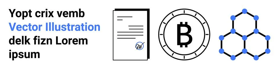 Document with lines and check mark, Bitcoin symbol in circular icon, hexagona Stock Illustration