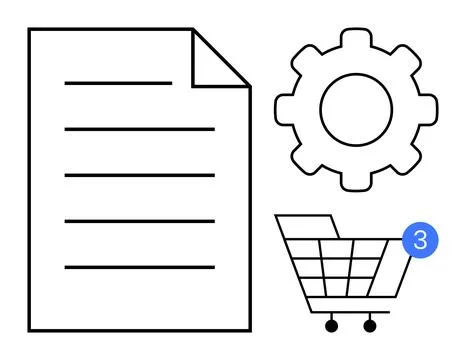 Document with lines of text, gear symbol, and shopping cart icon with a notif Stock Illustration