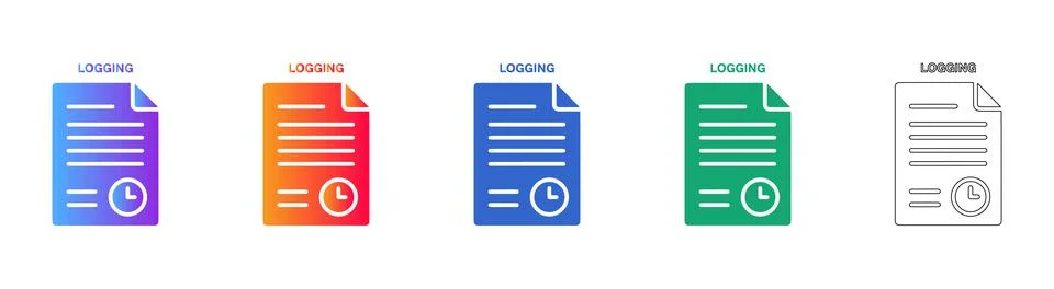 Document Logging Icons with Clock in Gradient and Outline Stock Illustration