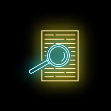 Document magnifying glass search analyzing neon glow icon Stock Illustration