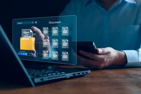 Document management and network system concept. Businessman use smart table.. Stock Photos