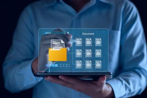 Document management and network system concept. Businessman use smart table.. Stock Photos