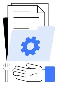 Document Management and Technical Support with Papers, Folder, Gear, Wrench.. Illustrazione stock