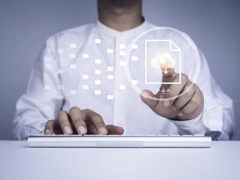 Document management. Cloud computing technology. Document file information an Foto stock