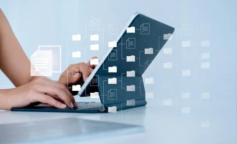 Document management. Cloud computing technology. Document file information an Foto stock