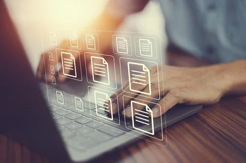 Document management concept, Businessman using computer to document managem.. Stock Photos