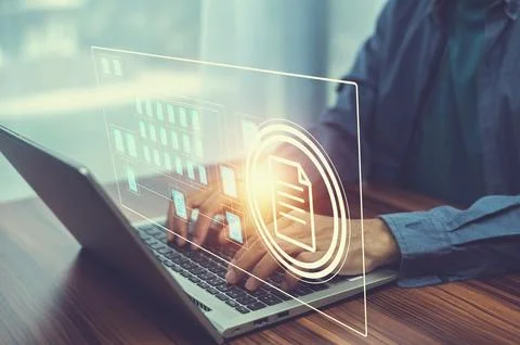 Document management concept, Businessman using computer to document managem.. Stock Photos