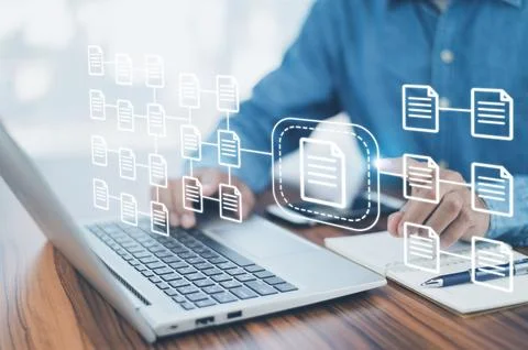 Document management concept, Businessman using  computer to document manage.. Foto stock