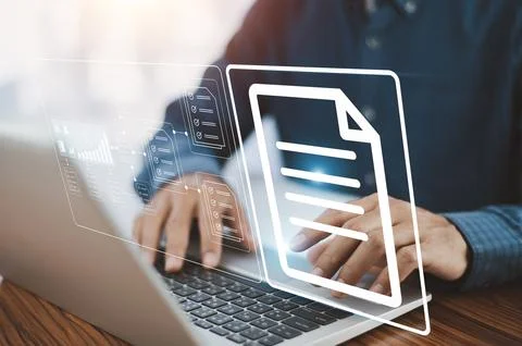 Document management concept, Businessman using computer to document managem.. Foto stock