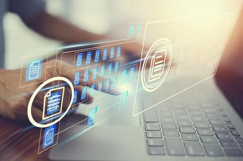 Document management concept, Businessman using computer to document managem.. Stock-Fotos