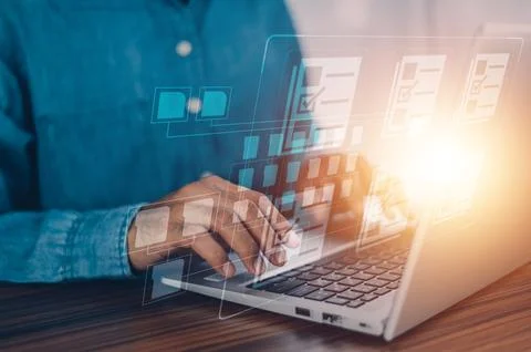 Document management concept, Businessman using computer to document managem.. Stock Photos