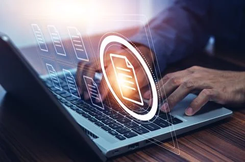 Document management concept, Businessman using computer to document managem.. Stock Photos