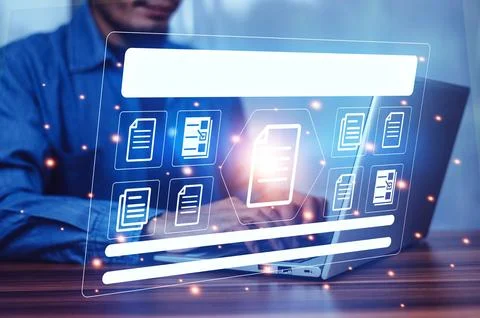 Document management concept, Businessman using computer to document managem.. Stock Photos