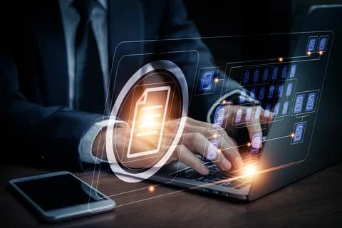 Document management concept, Businessman using computer to document managem.. Stock Photos