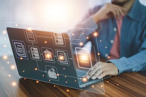 Document management concept, Businessman using computer to document managem.. Stock Photos