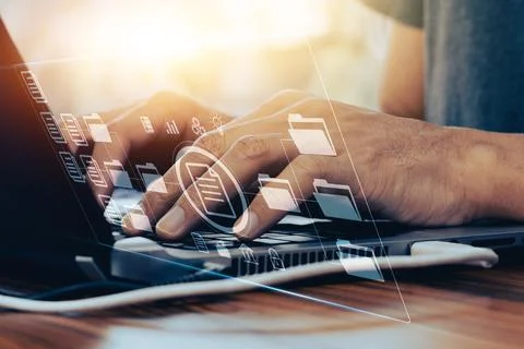 Document management concept, Businessman using computer to document managem.. Stock Photos