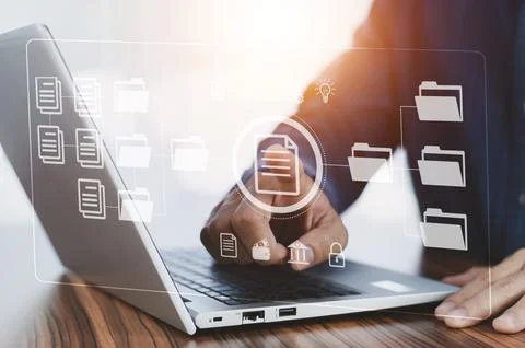 Document management concept, Businessman using computer to document managem.. Stock Photos